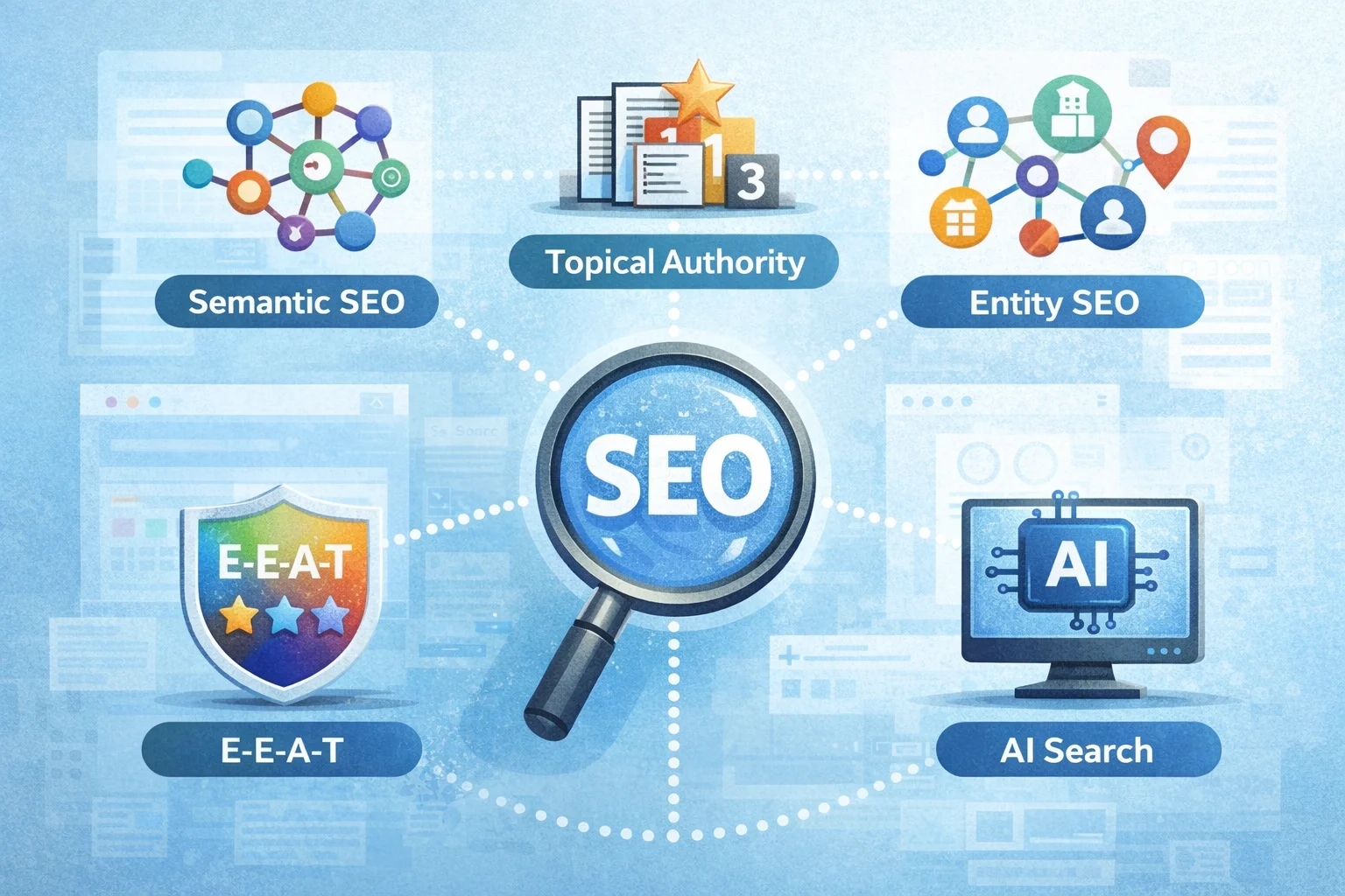 Learn the meaning of modern SEO concepts such as semantic SEO, topical authority and E-E-A-T. A practical explanation for businesses on the Costa Blanca.