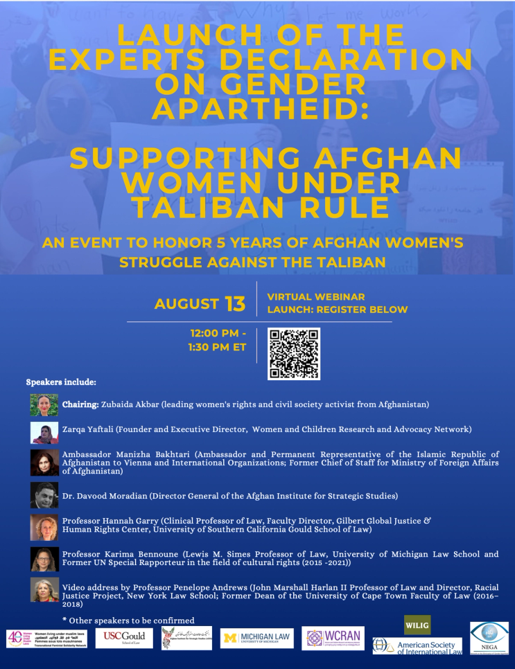 Flyer for launch event for Experts Declaration on Gender Apartheid August 13