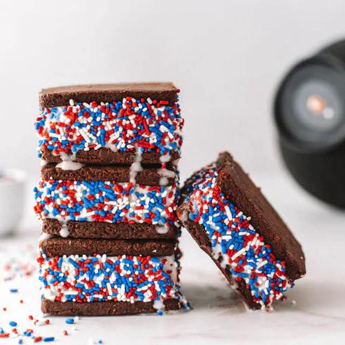 Dairy-free, homemade July 4th Ice Cream Sandwiches made with Almond Cow machine