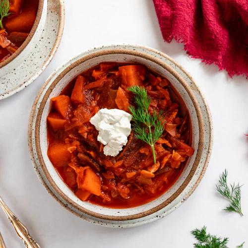 Hearty and tangy Vegan Borscht made with Almond Cow