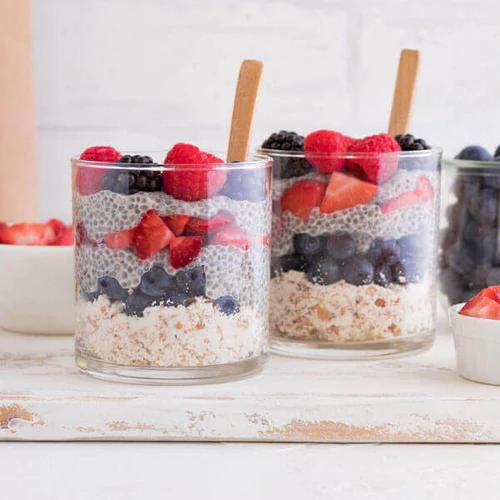 Chia Seed Pudding Parfaits topped with fresh berries