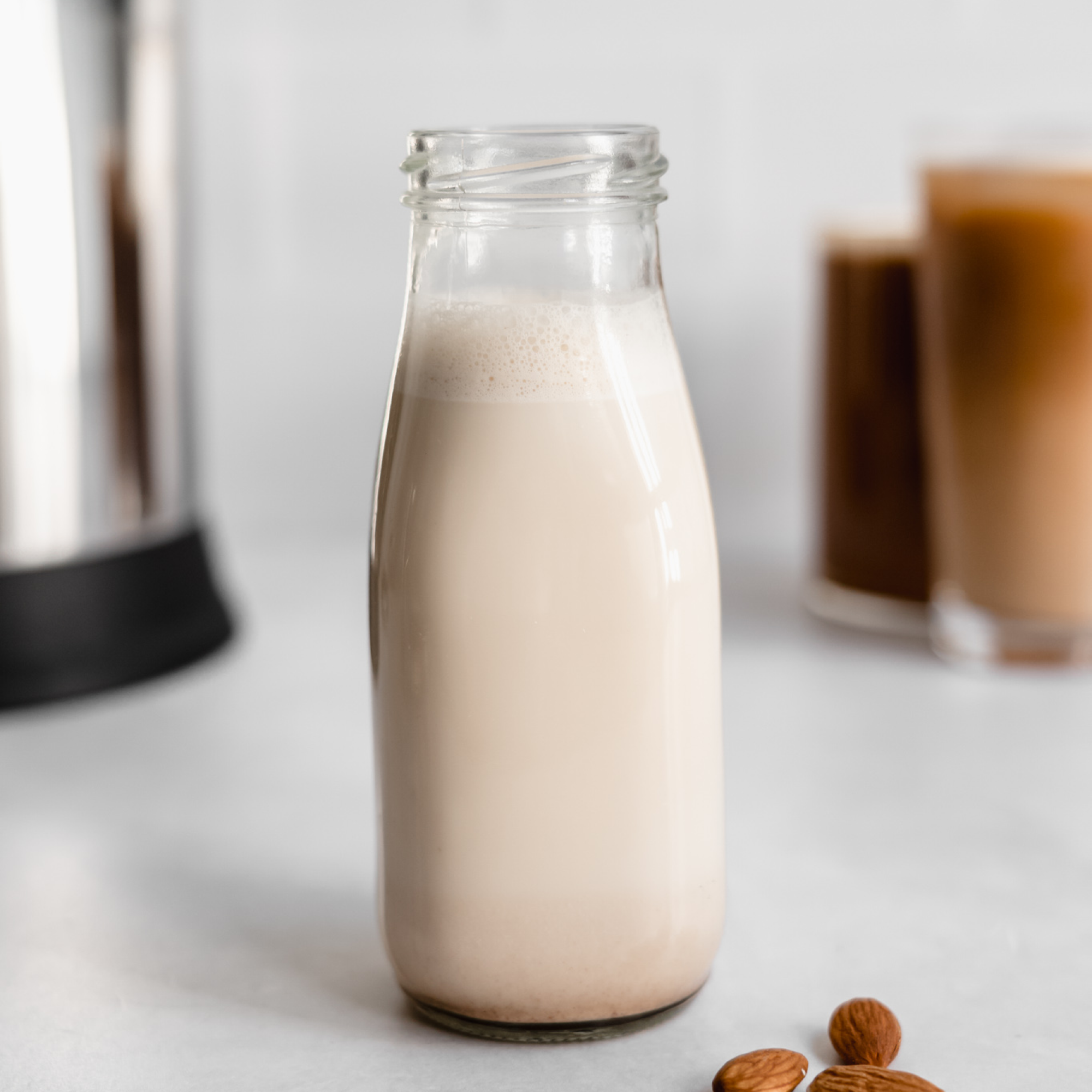 Dairy-free Barista Blend Almond Creamer, freshly made with the Almond Cow machine