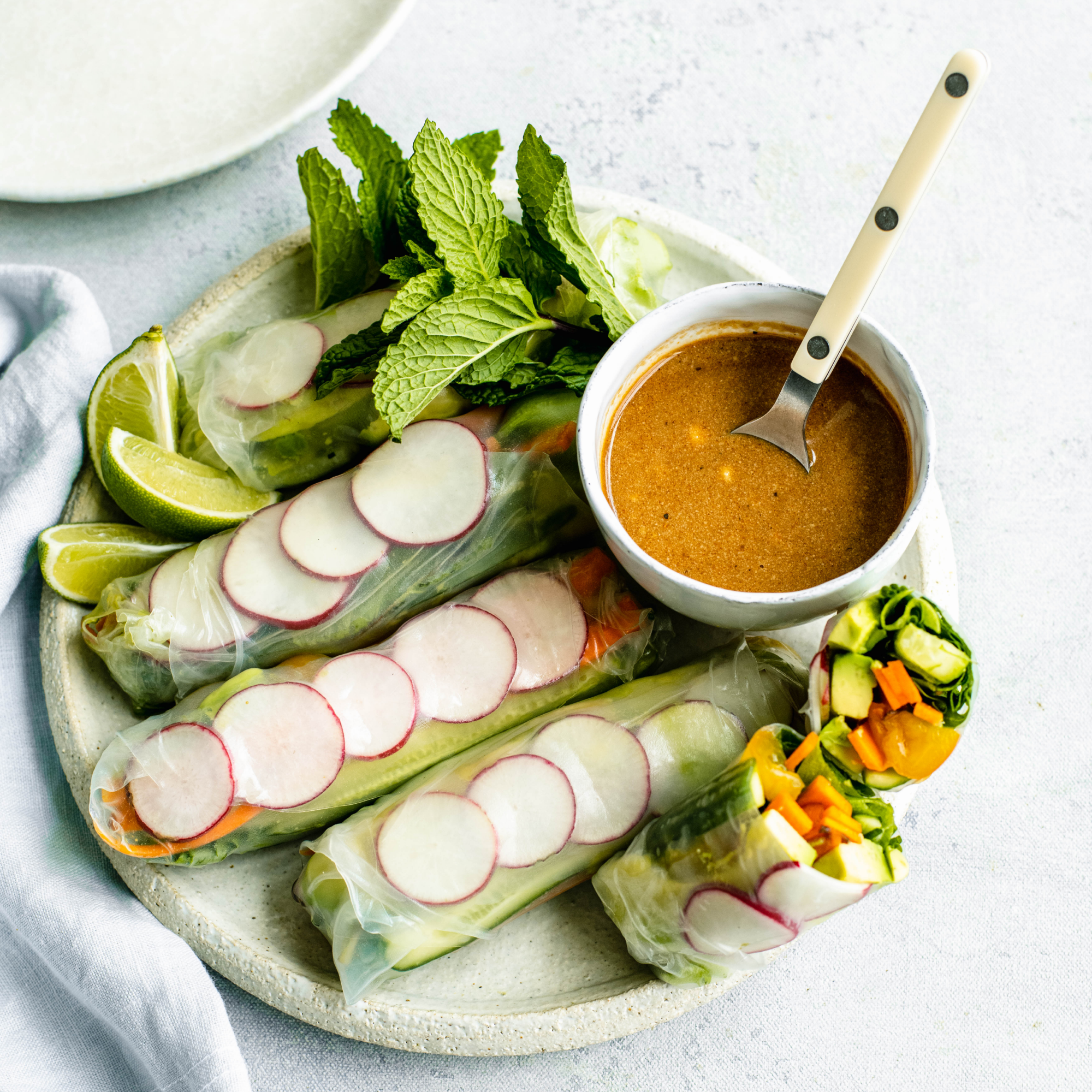 Vegan tropical summer rolls, featuring cashew or peanut milk pulp. 