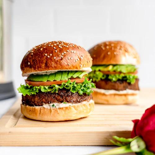 Vegan & gluten-free Date Night Burger made with Almond Cow products