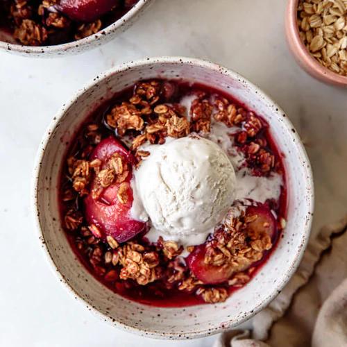 Plum Crumble with a scoop of ice cream on top