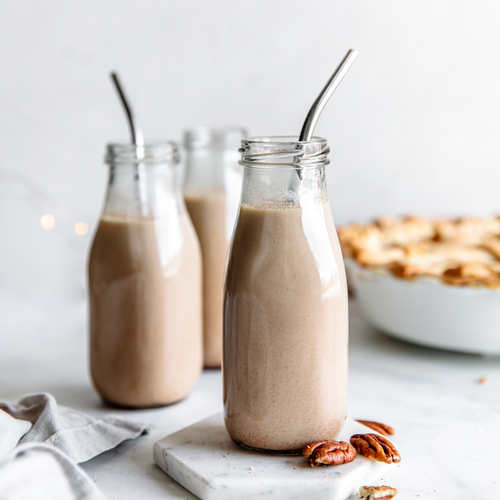 A glass of homemade Pecan Pie Milk made with Almond Cow