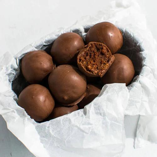 Vegan, gluten-free no-bake Mocha Balls dipped in chocolate
