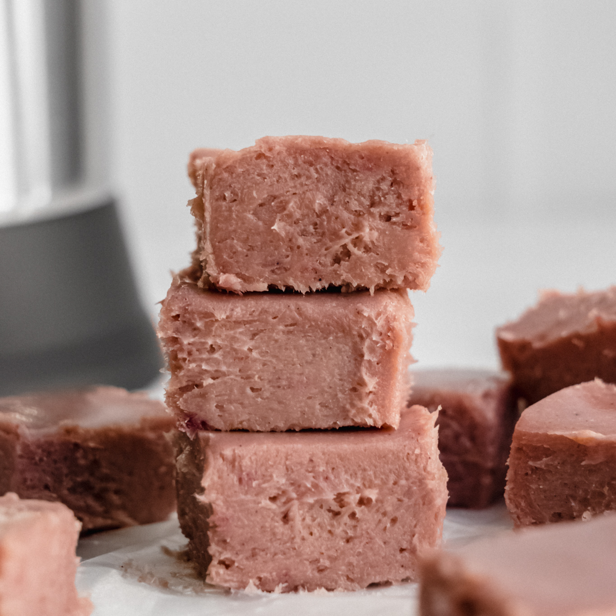 Stacked vegan strawberry fudge made with milk from the Almond Cow machine