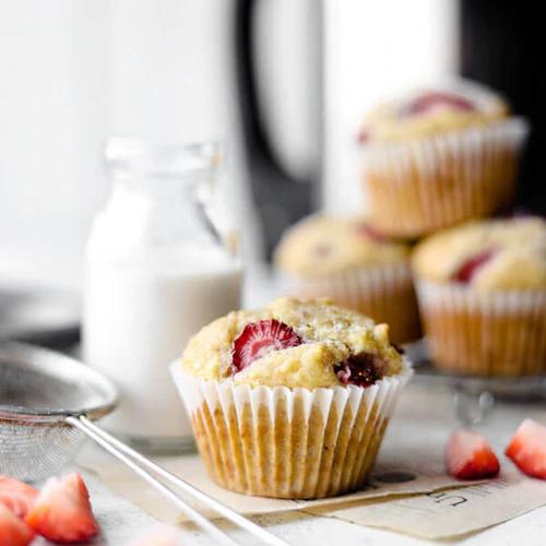 Breakfast Muffins topped with fresh strawberries