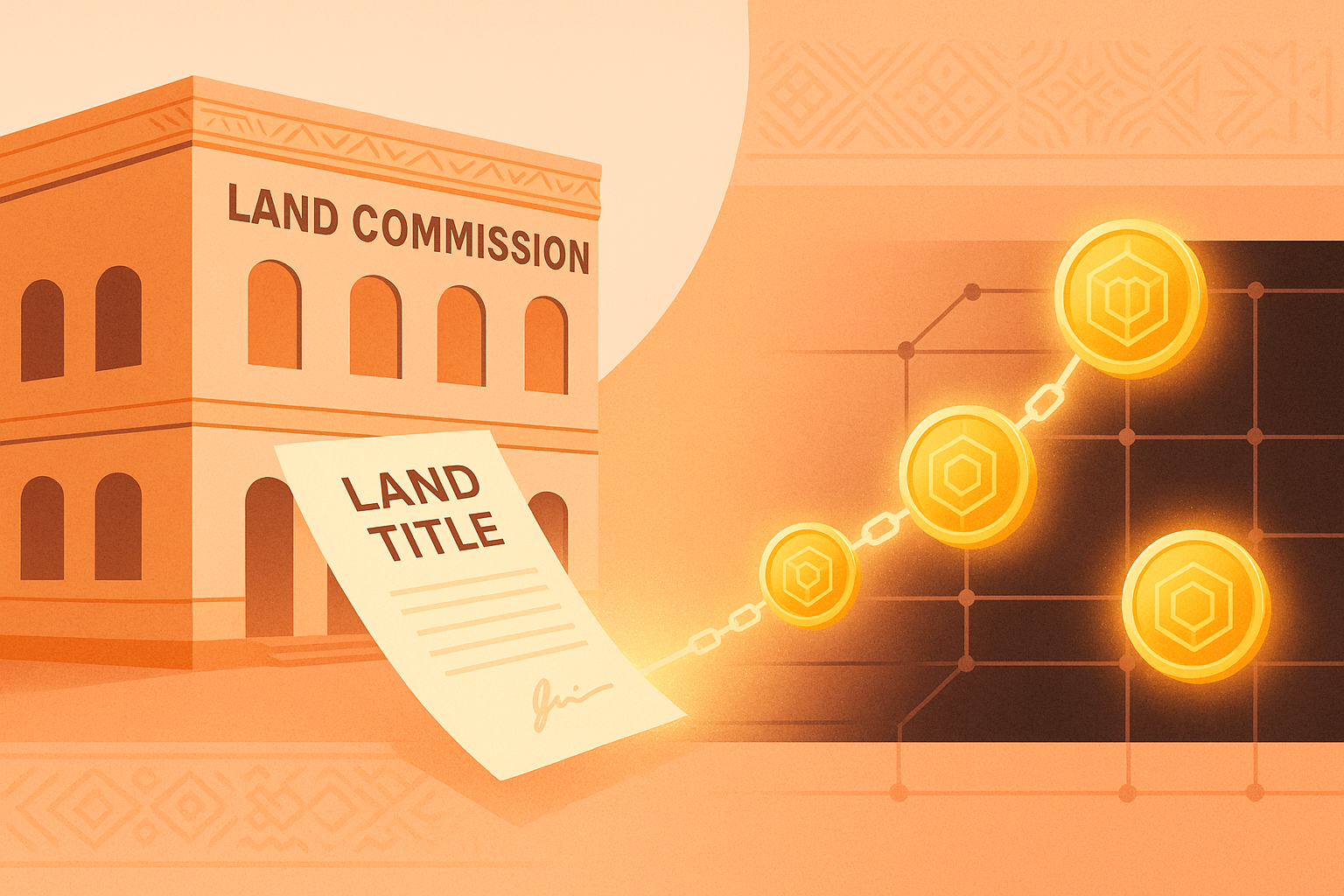 Ghana Land Commission building with a paper land title transforming into glowing digital tokens on a blockchain grid.