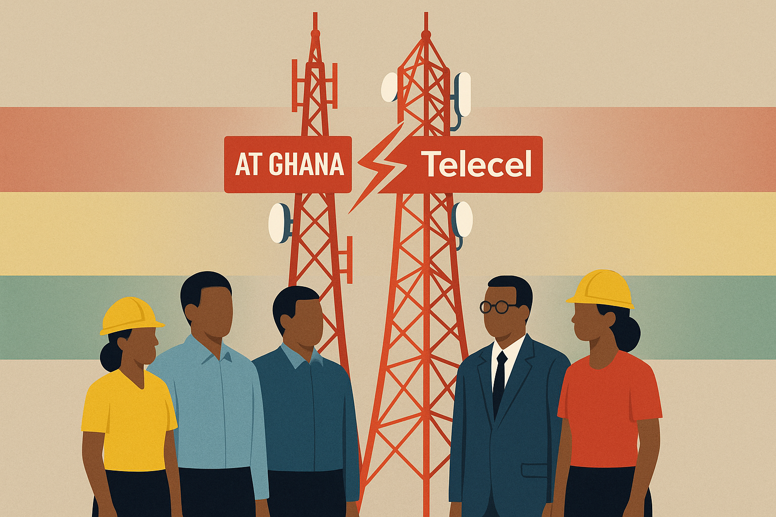 Illustration of two telecom towers merging into one, labelled AT Ghana and Telecel, with four workers in the foreground and Ghana flag colours in the background, representing job security.