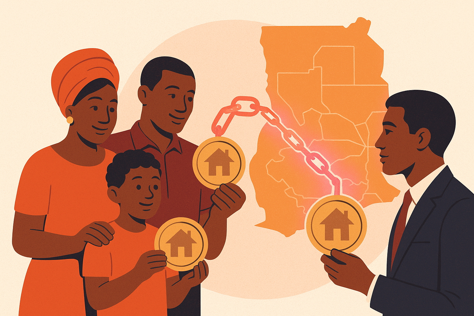 Ghanaian family and professional holding digital property tokens linked to a stylised map of Ghana.