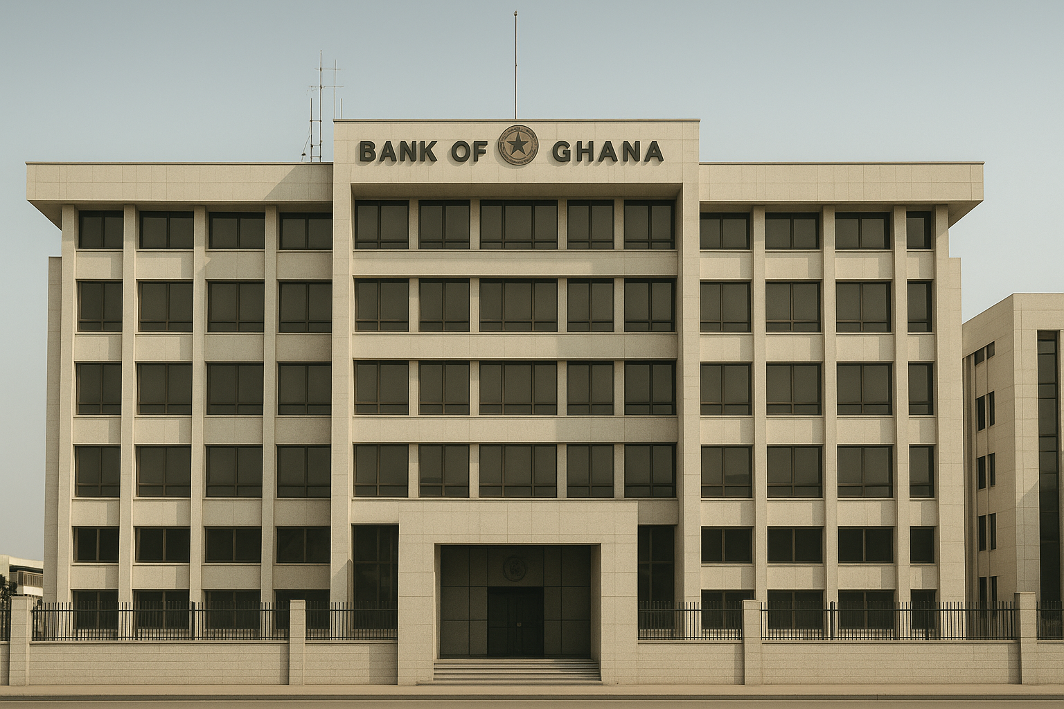 Front-facing view of the Bank of Ghana headquarters in Accra under clear skies.
