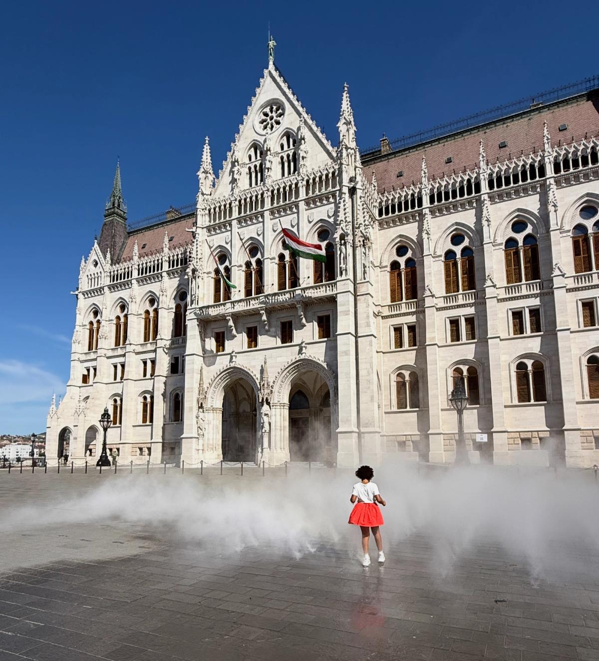 girl in mist at parliament building budapest hungary