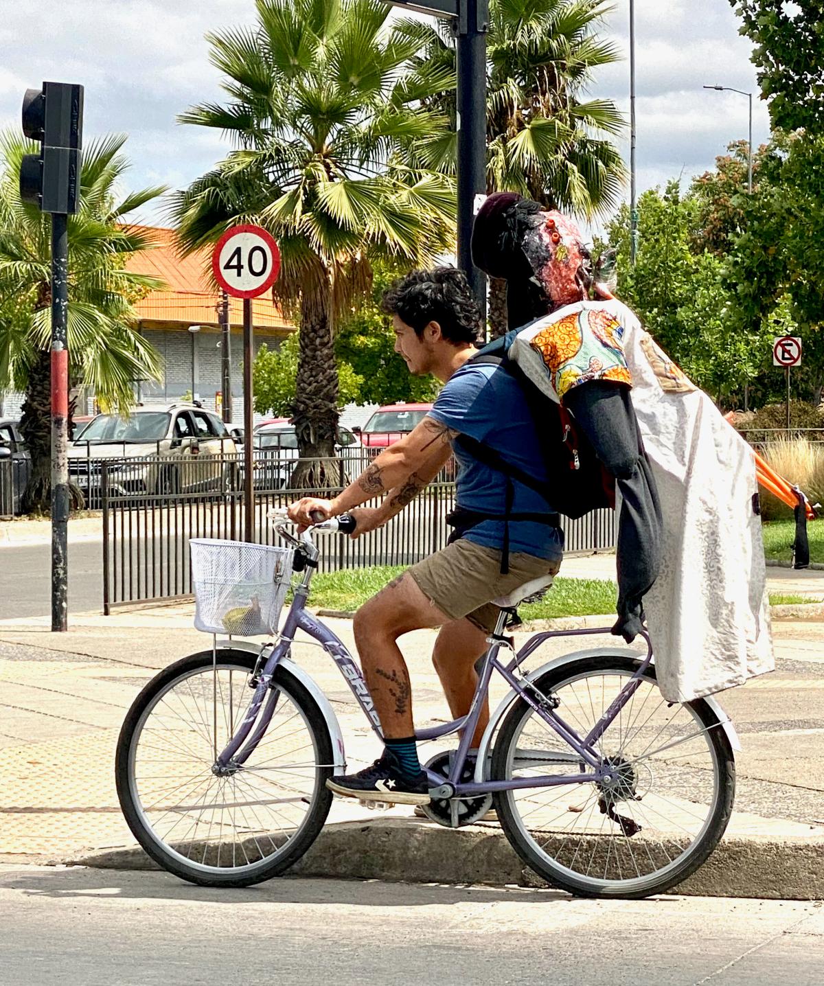 Man riding bicycle with costume on back