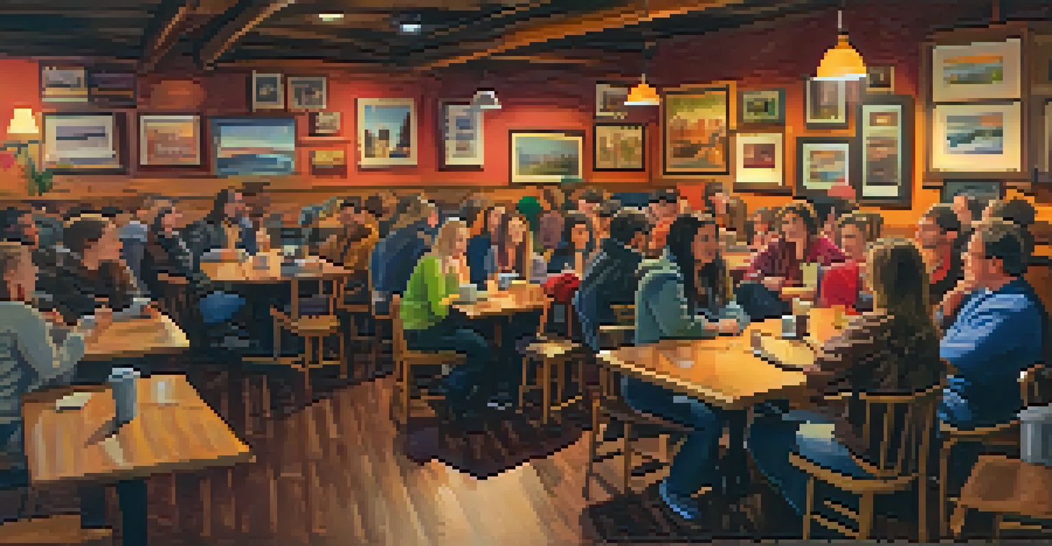 A lively poetry slam event in a cozy café with an engaged audience and local art on the walls.