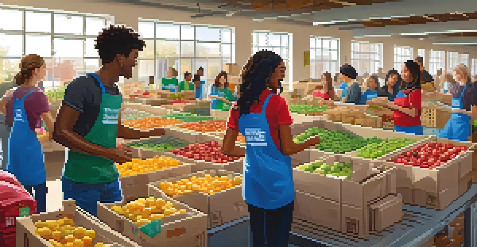 University students engaging in a community service project at a food bank, sorting food items with enthusiasm and teamwork.