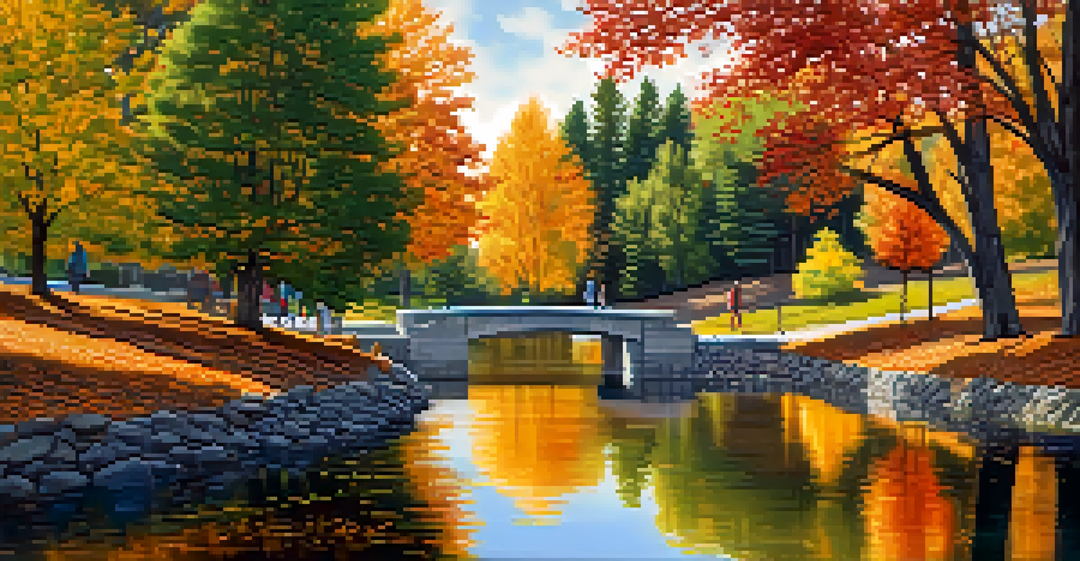 A peaceful autumn scene of the Spokane River with colorful foliage reflected in the water, featuring a couple walking along a tree-lined path.