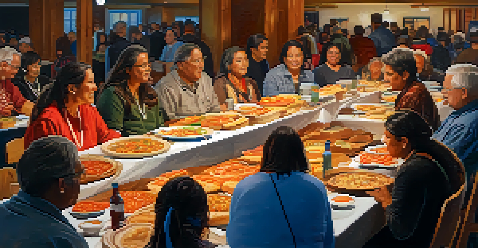 A table filled with traditional Native American dishes, with people sharing food and stories together in a warm atmosphere.
