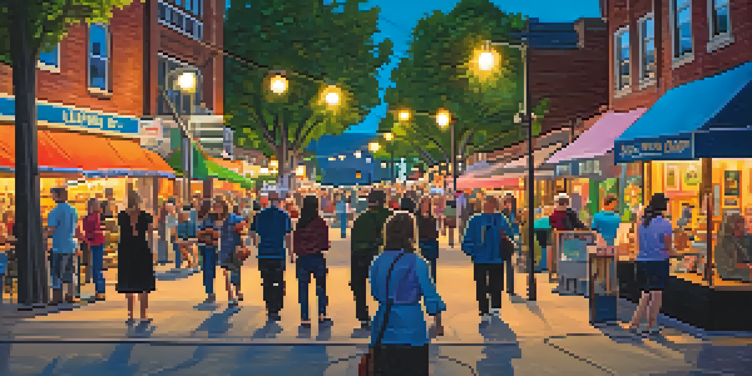 A lively street scene during Spokane's Art Walk, with local artists showcasing colorful artworks and people engaging with the art under string lights.