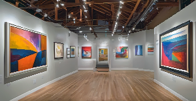 An art gallery in Spokane with colorful abstract paintings and sculptures, where visitors are discussing the artworks.