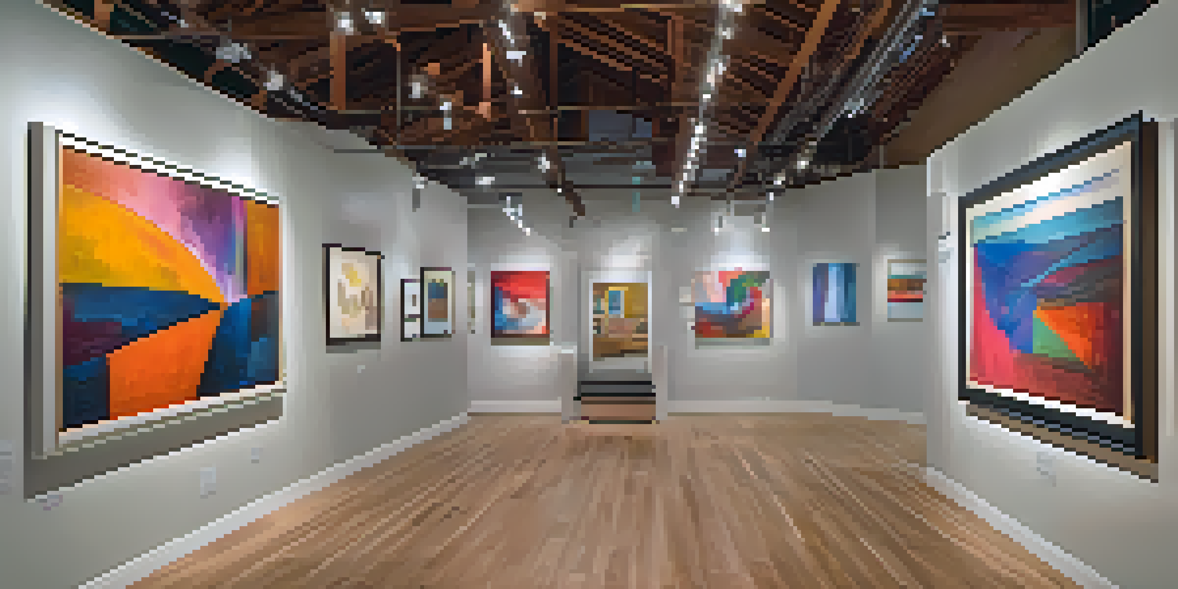 An art gallery in Spokane with colorful abstract paintings and sculptures, where visitors are discussing the artworks.