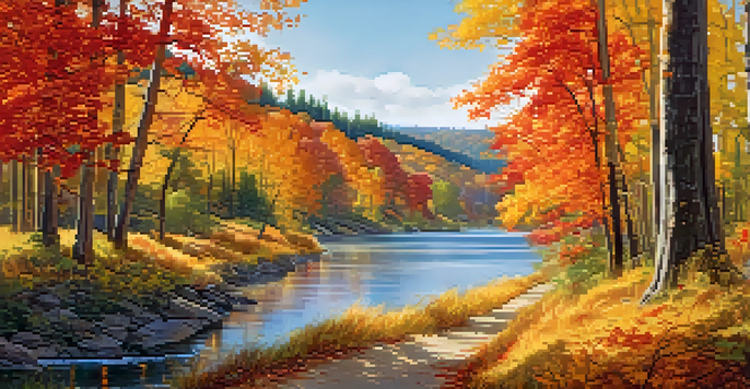 A scenic view of Riverside State Park in autumn with colorful fall leaves and a winding trail beside a sparkling river.