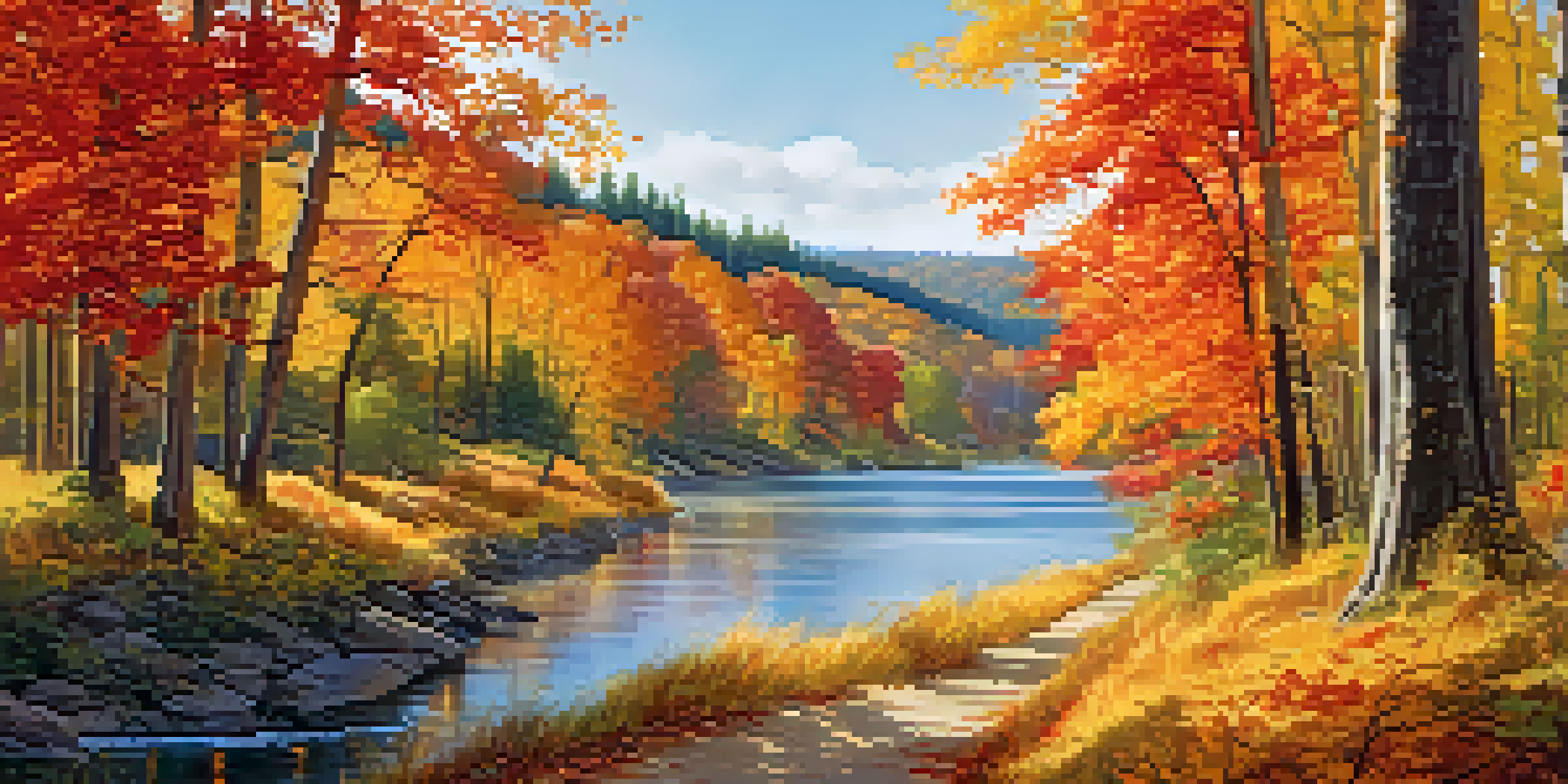 A scenic view of Riverside State Park in autumn with colorful fall leaves and a winding trail beside a sparkling river.