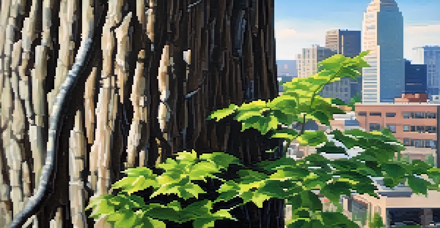 A detailed close-up of a healthy tree with green leaves and a sturdy trunk against a blurred city background, illuminated by soft sunlight.