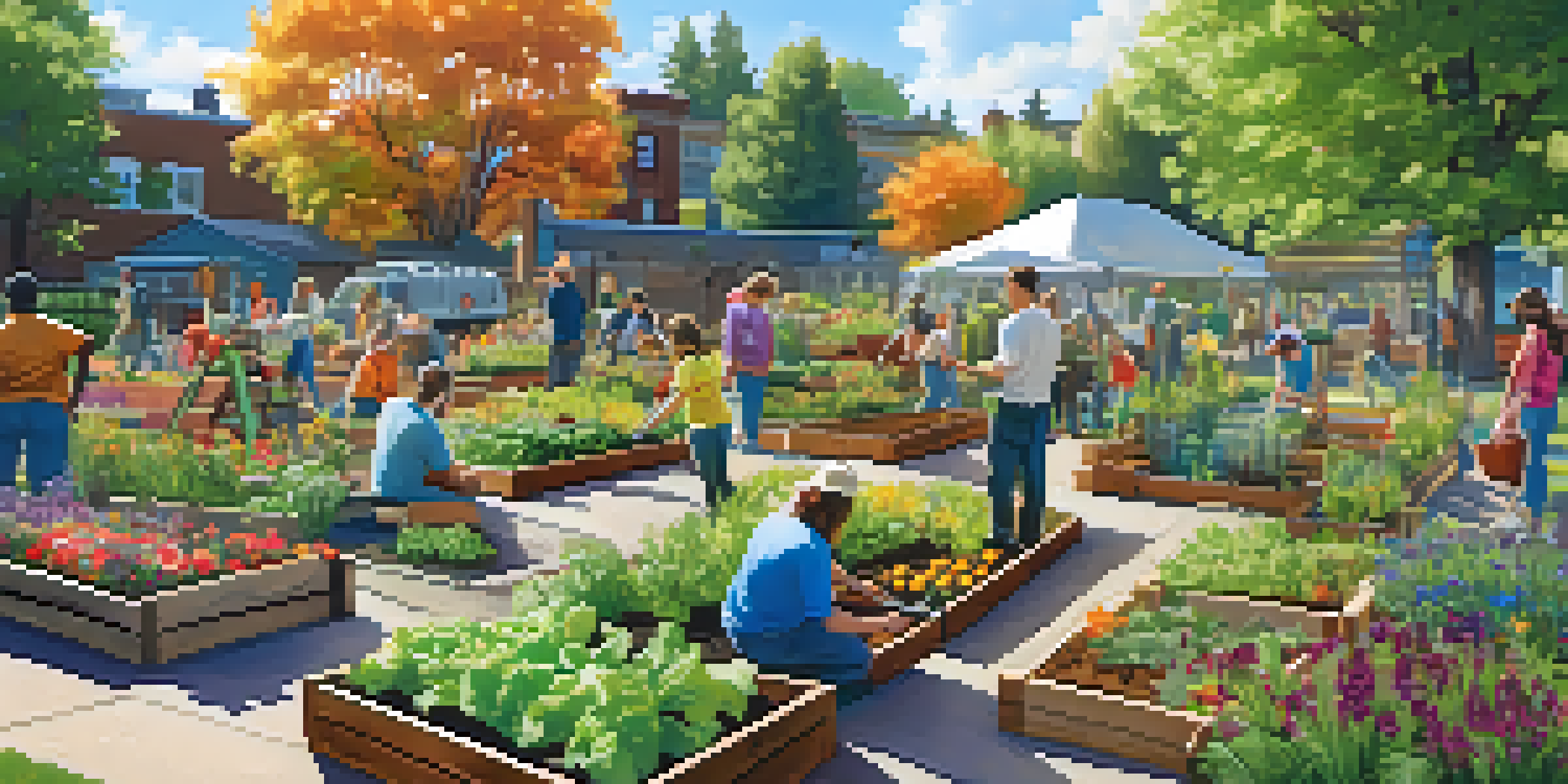A diverse group of residents working in a community garden, planting vegetables and flowers under a sunny sky.