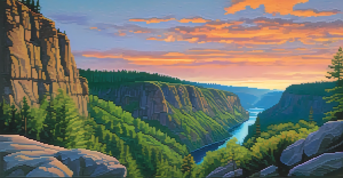 A scenic sunset view of Spokane River Gorge with vibrant sky colors reflected in the water, surrounded by trees and rocky cliffs.