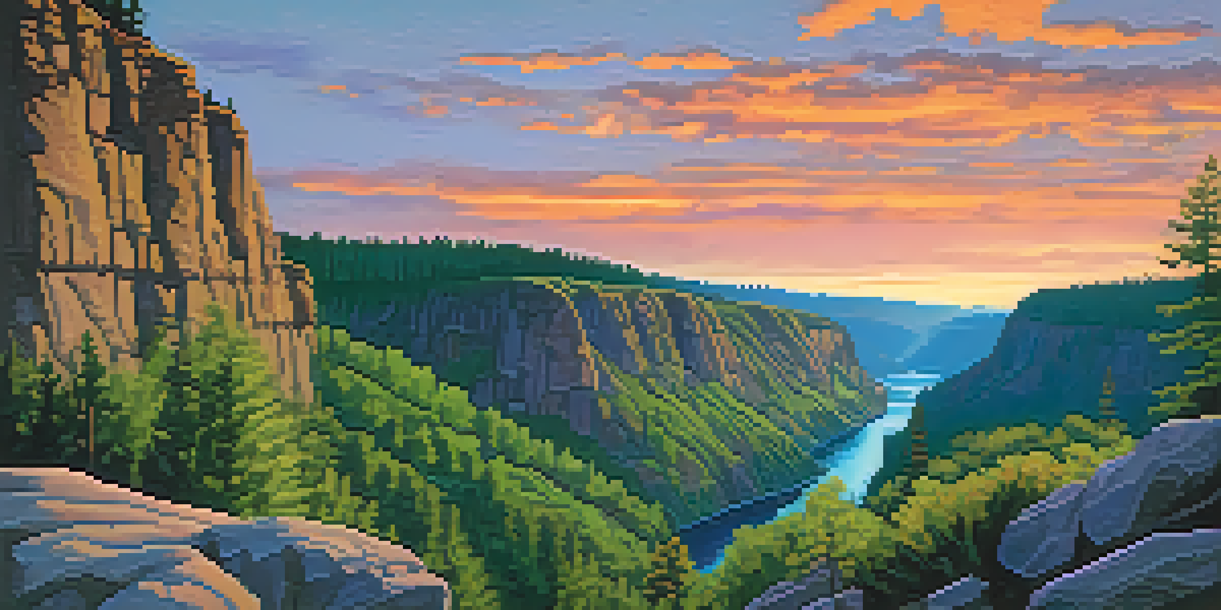A scenic sunset view of Spokane River Gorge with vibrant sky colors reflected in the water, surrounded by trees and rocky cliffs.