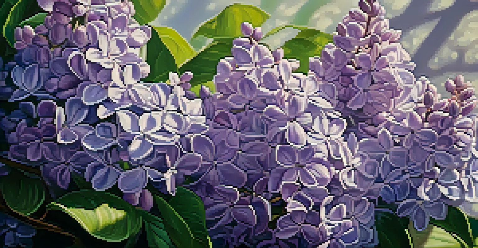 A close-up of blooming lilac flowers in various shades of purple and lavender, with sunlight filtering through the leaves, creating a warm atmosphere.