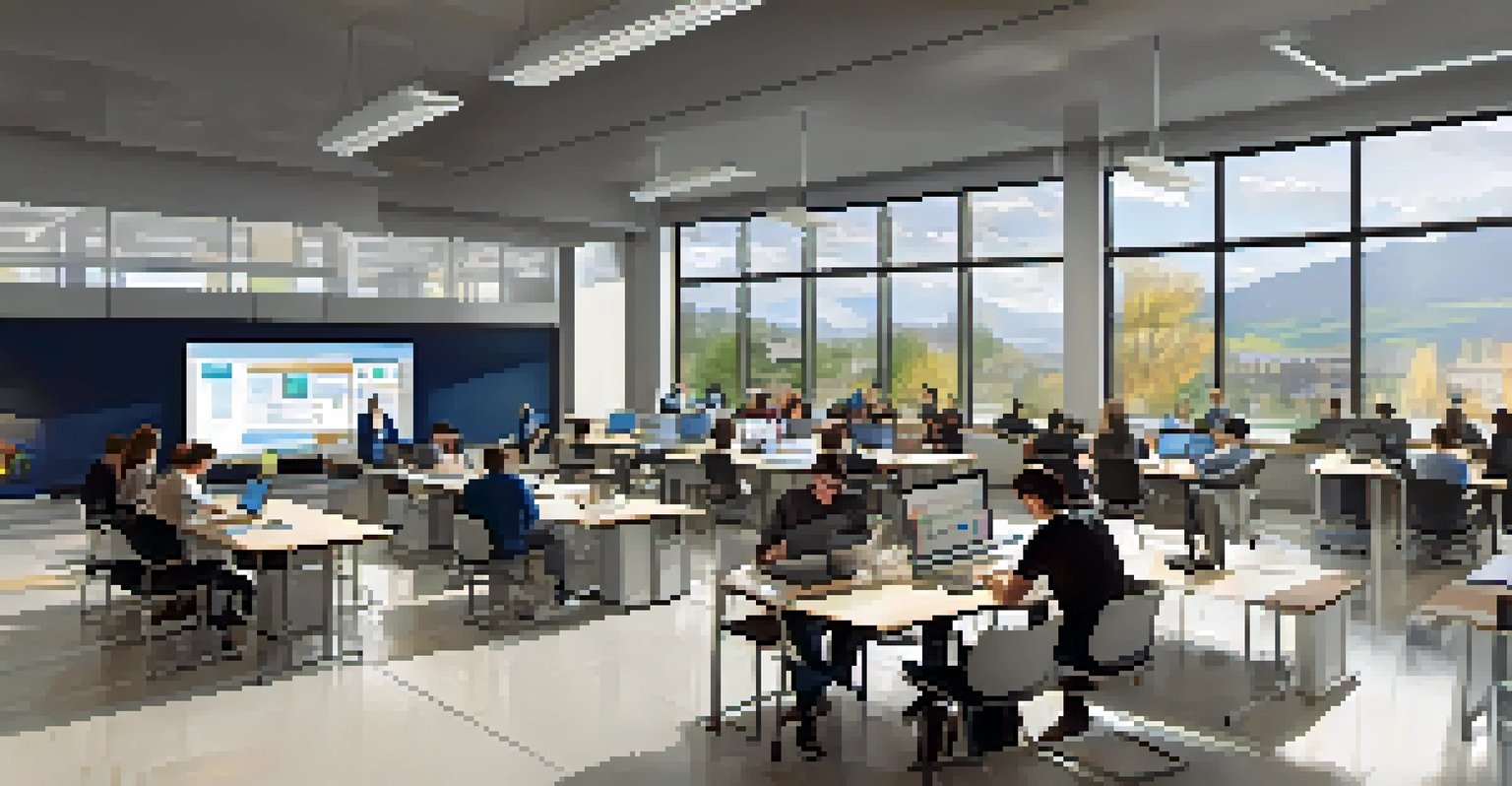 Students participating in a business management workshop in a modern Gonzaga University office, equipped with laptops and industry data displays.
