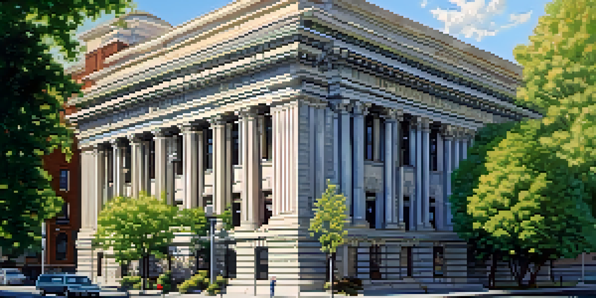 A majestic view of the Old National Bank Building in Spokane, displaying its grand architecture and surrounded by greenery.