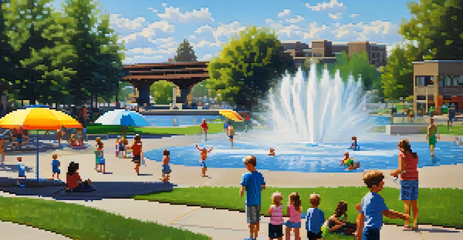 Children playing in a splash pad at Riverfront Park with Spokane Falls in the background.