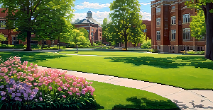 A tranquil university campus with students from various backgrounds discussing under the shade of trees, surrounded by vibrant flowers and historic buildings.