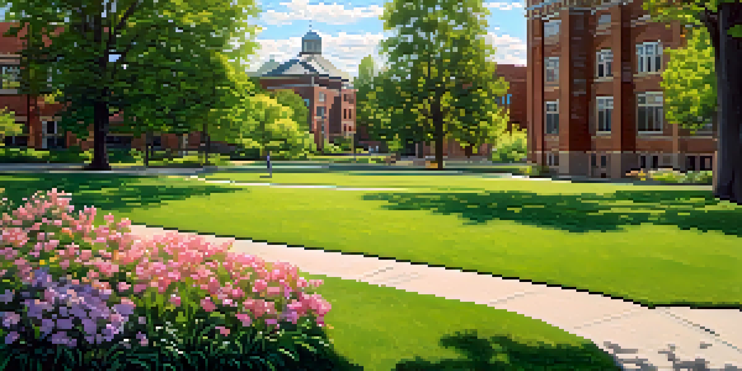A tranquil university campus with students from various backgrounds discussing under the shade of trees, surrounded by vibrant flowers and historic buildings.