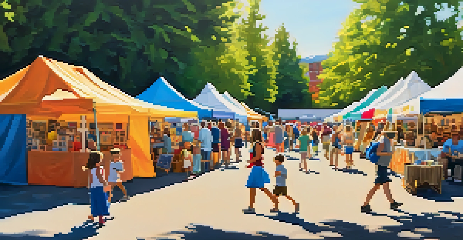 Local artisans showcasing handmade crafts at a sunny summer fair, with colorful tents and families engaging in activities.
