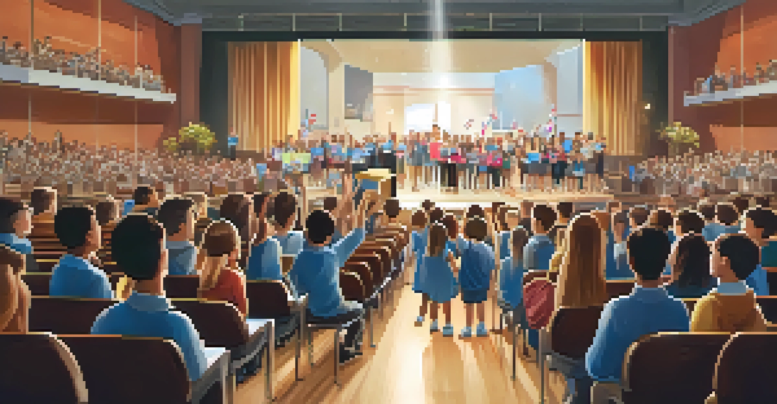 An awards ceremony in a school auditorium where students receive certificates, with a proud audience watching.