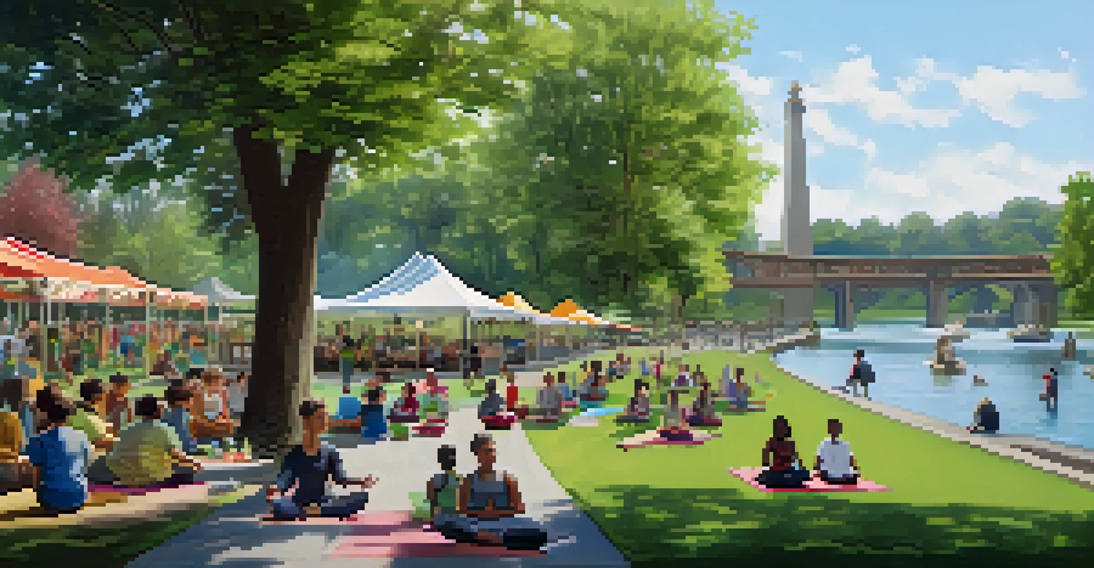 Community members practicing yoga in Riverfront Park, surrounded by greenery and food vendors, showcasing a peaceful outdoor event.