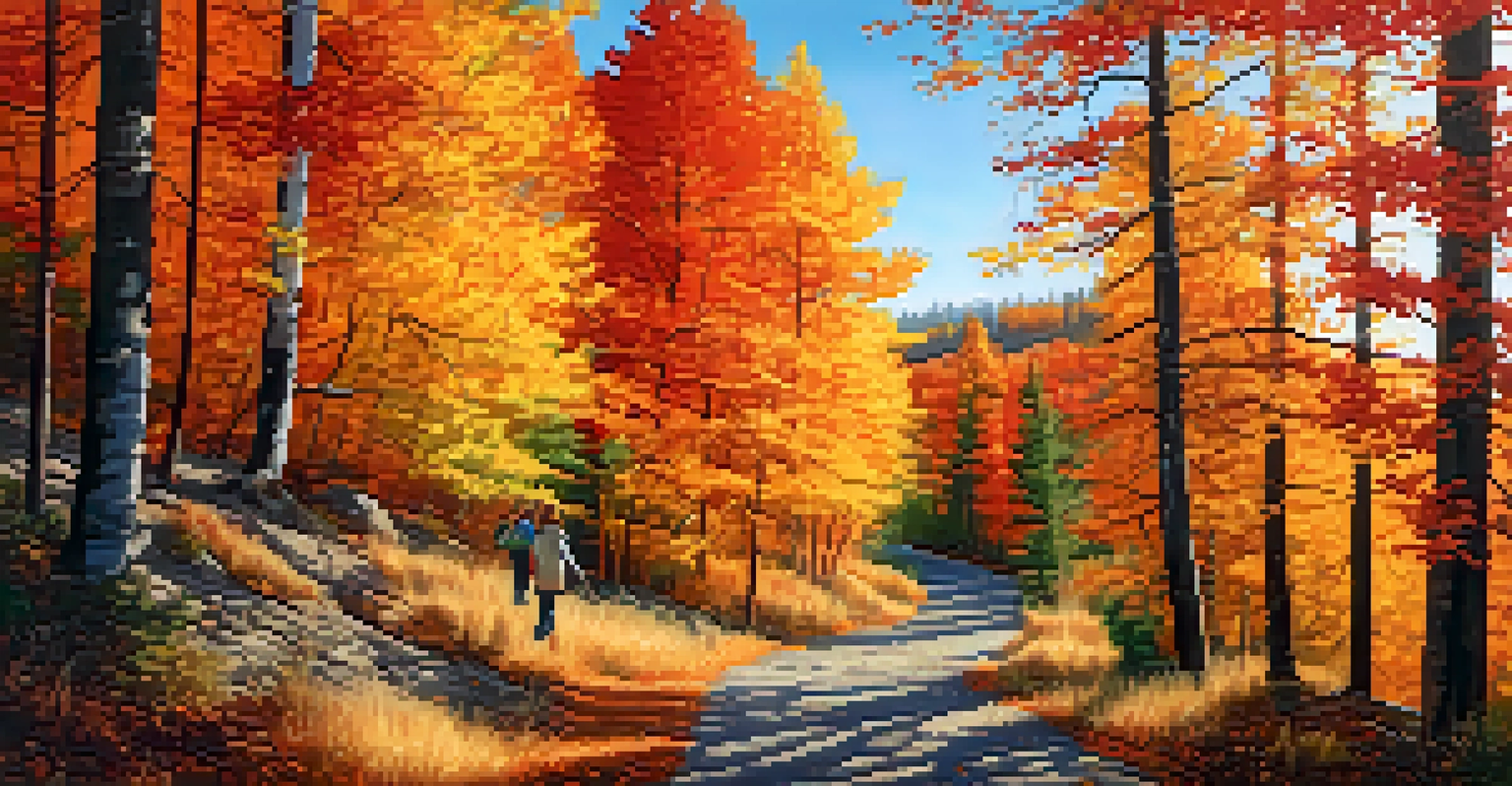 An autumn hiking trail in Spokane lined with colorful leaves, depicting a couple walking together under a blue sky.