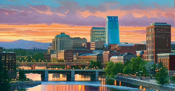 A sunset view of Spokane's skyline with modern and historic buildings, people walking, and the river in the foreground.