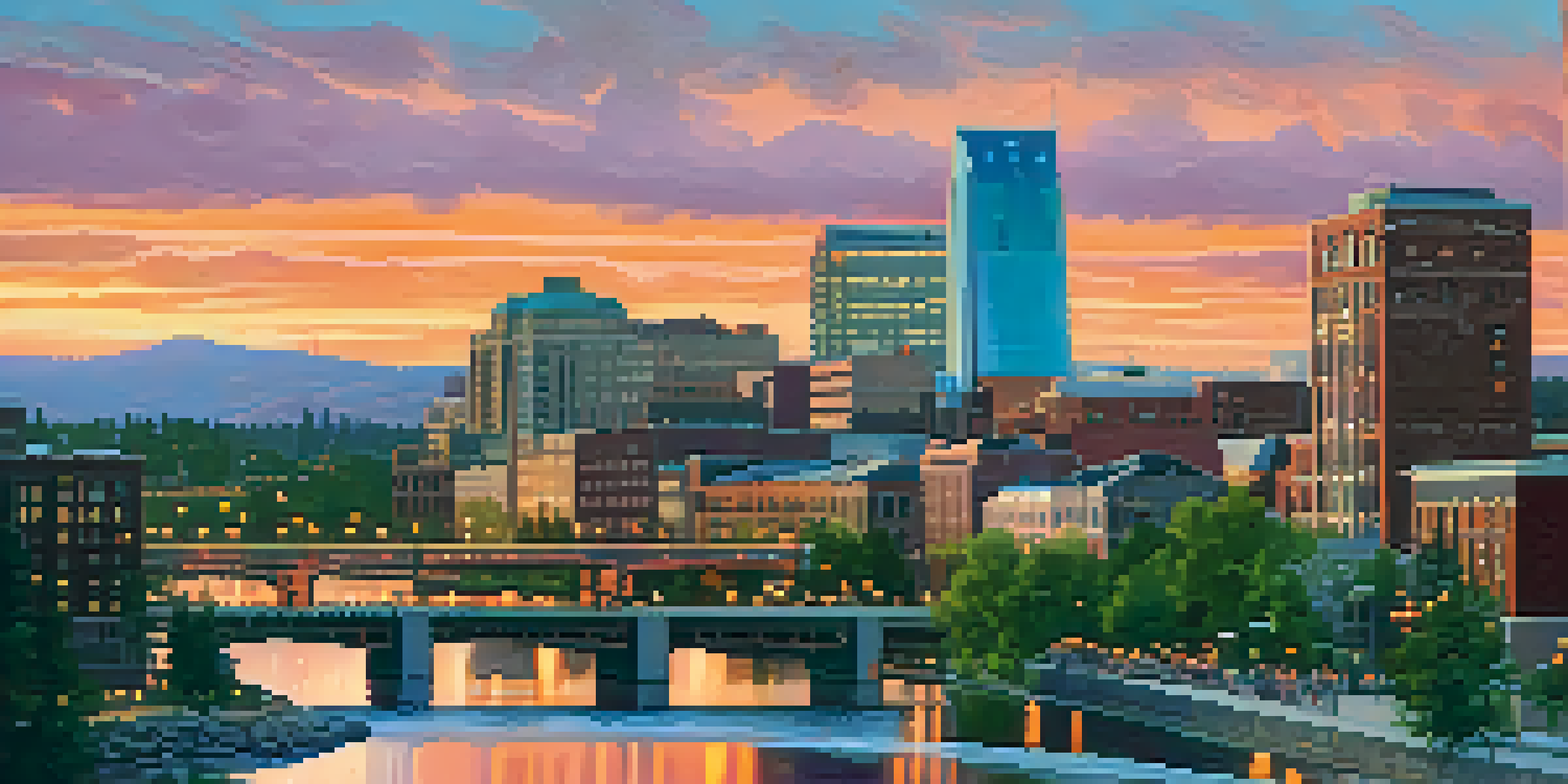 A sunset view of Spokane's skyline with modern and historic buildings, people walking, and the river in the foreground.