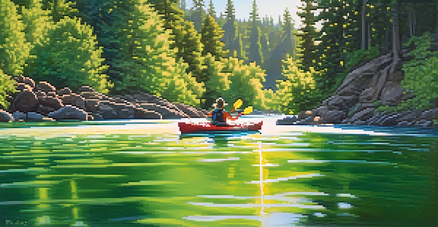 A group of friends kayaking on the Spokane River, surrounded by greenery and under a bright sun, showcasing the fun of outdoor activities.