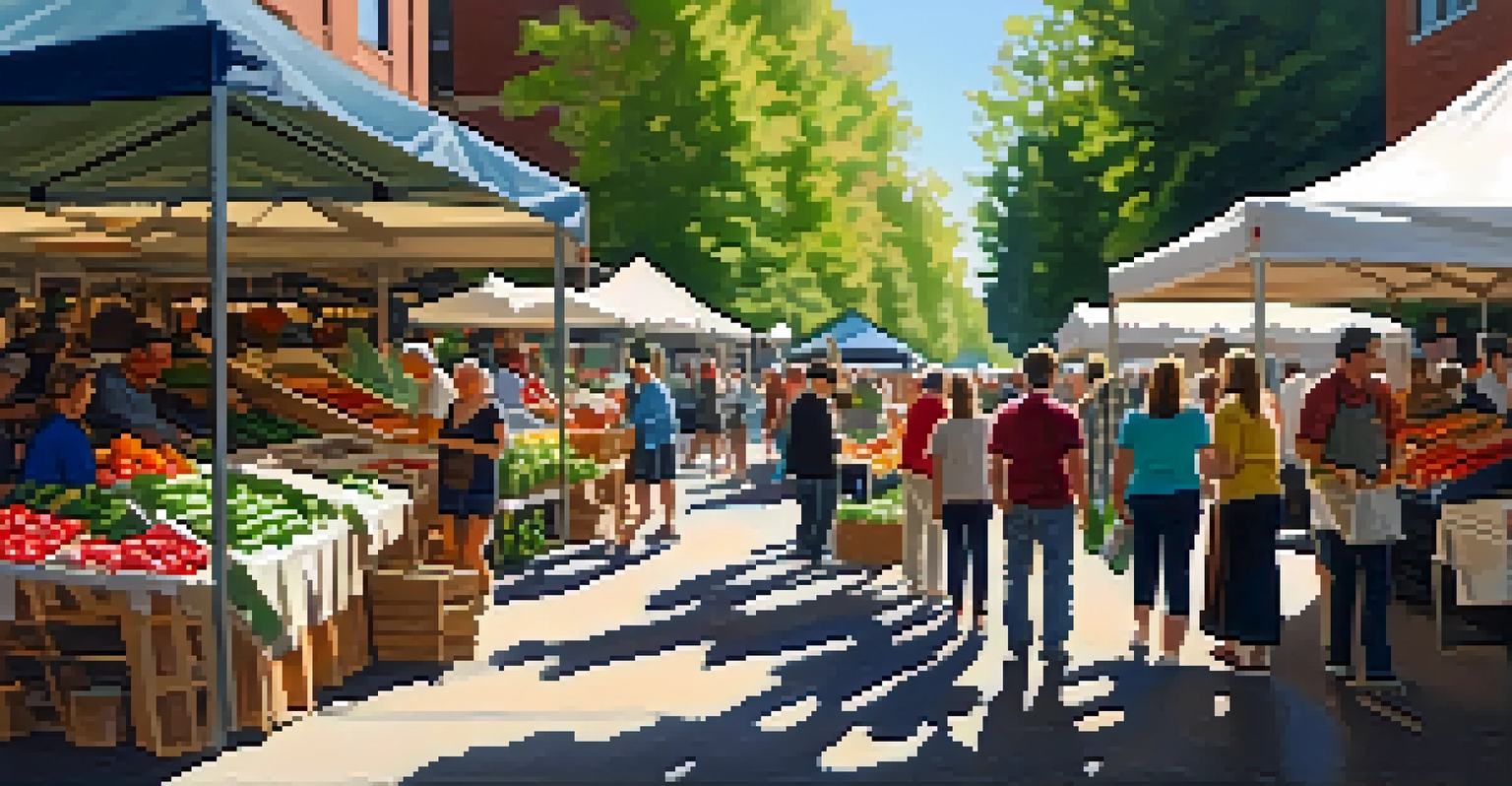 A lively farmers' market in Spokane with colorful stalls, fresh produce, and a diverse crowd enjoying the day.