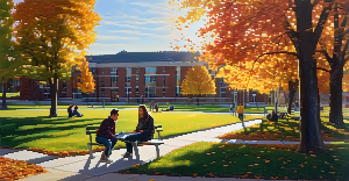 Students studying on the grass at Spokane Community College during autumn, surrounded by colorful leaves and brick buildings.