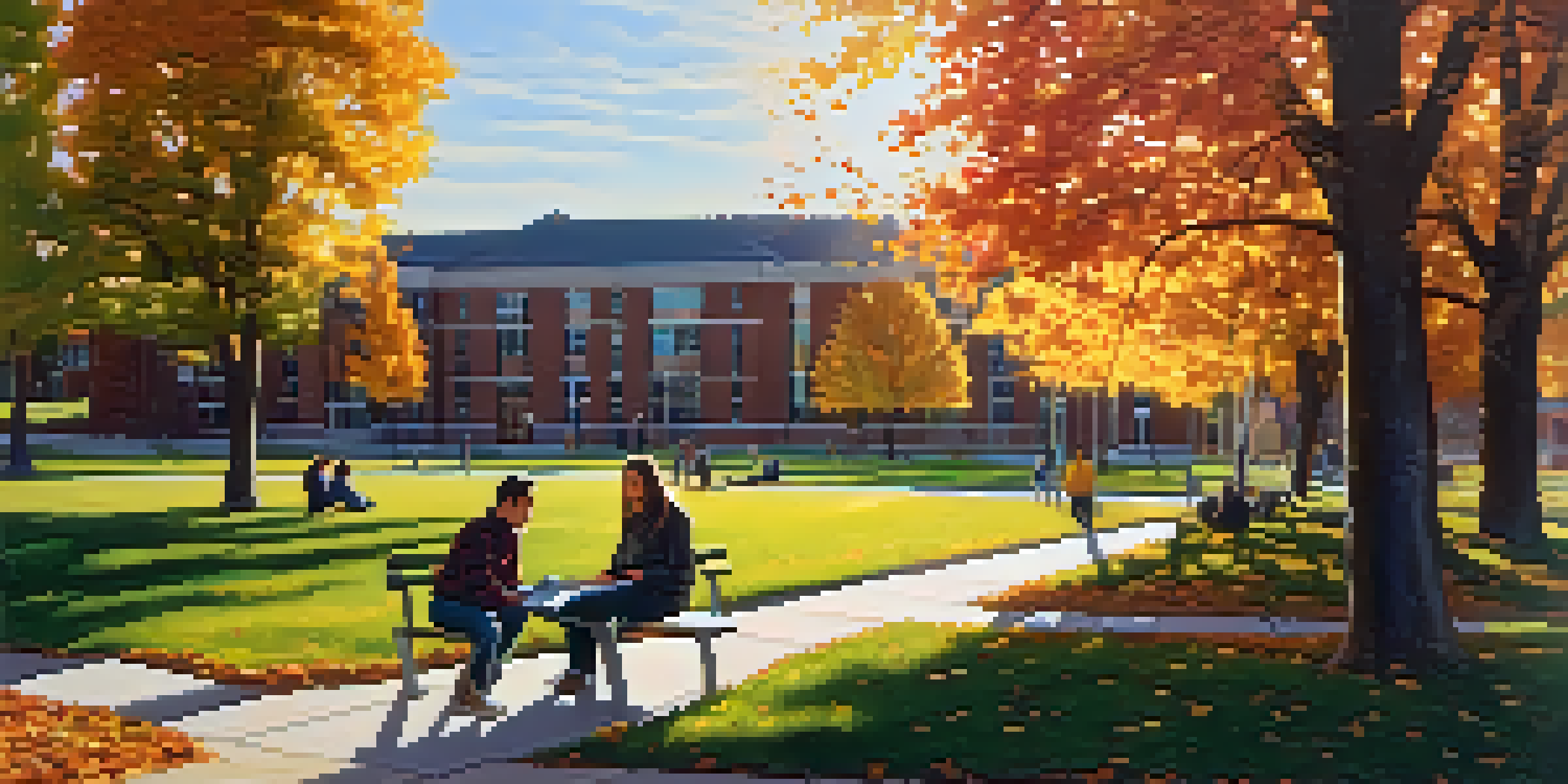 Students studying on the grass at Spokane Community College during autumn, surrounded by colorful leaves and brick buildings.