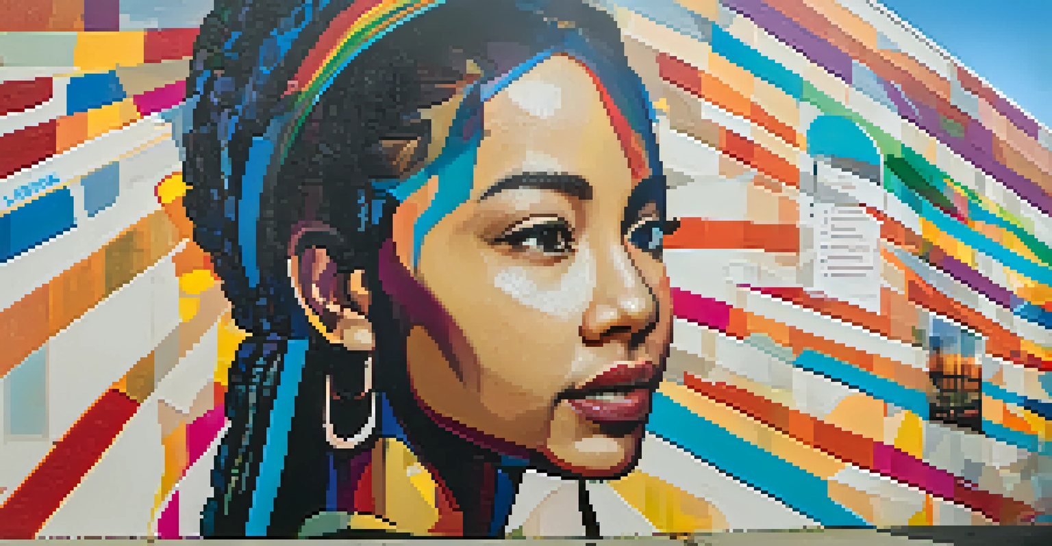 A close-up of a mural in Spokane focusing on mental health awareness, depicting a figure overcoming challenges with bright colors and inspiring quotes.