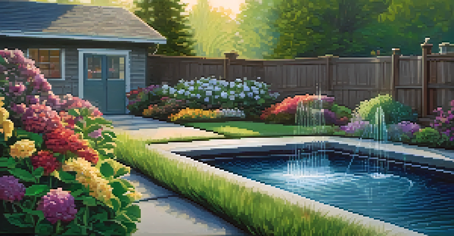 A close-up of a smart irrigation system in a Spokane backyard, with a vibrant garden in the background.